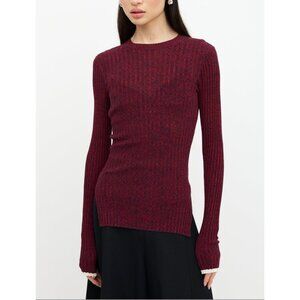 Celiné Ribbed Cotton Long Sleeve Sweater Top Burgundy Navy Size Small
